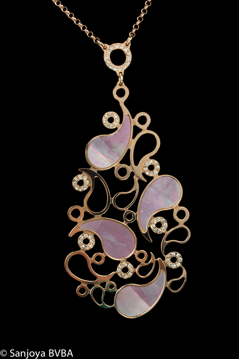 Italiaanse zilveren collier met paarse parelmoeren hanger