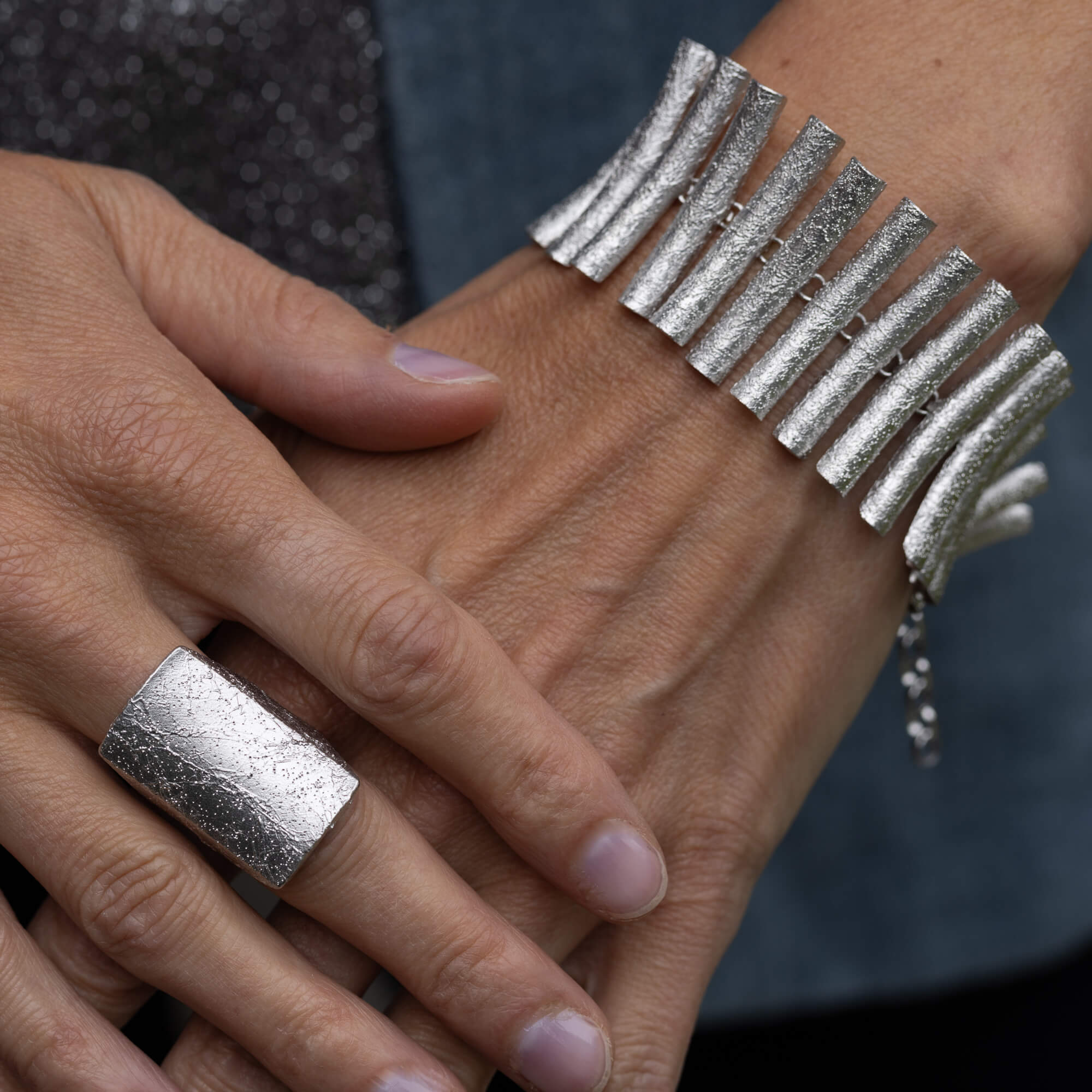 Wide; silver and beautiful bar bracelet