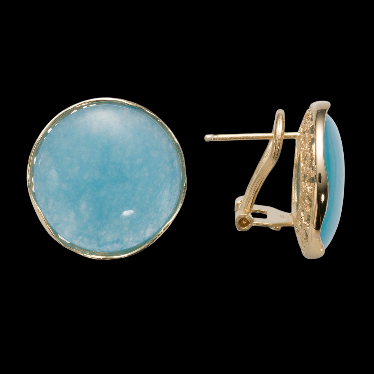 Gold plated round earrings with a blue quartz stone