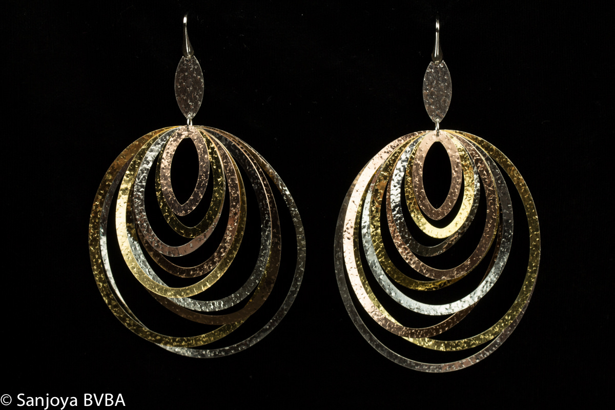 Extra large oval earrings; silver tricolor