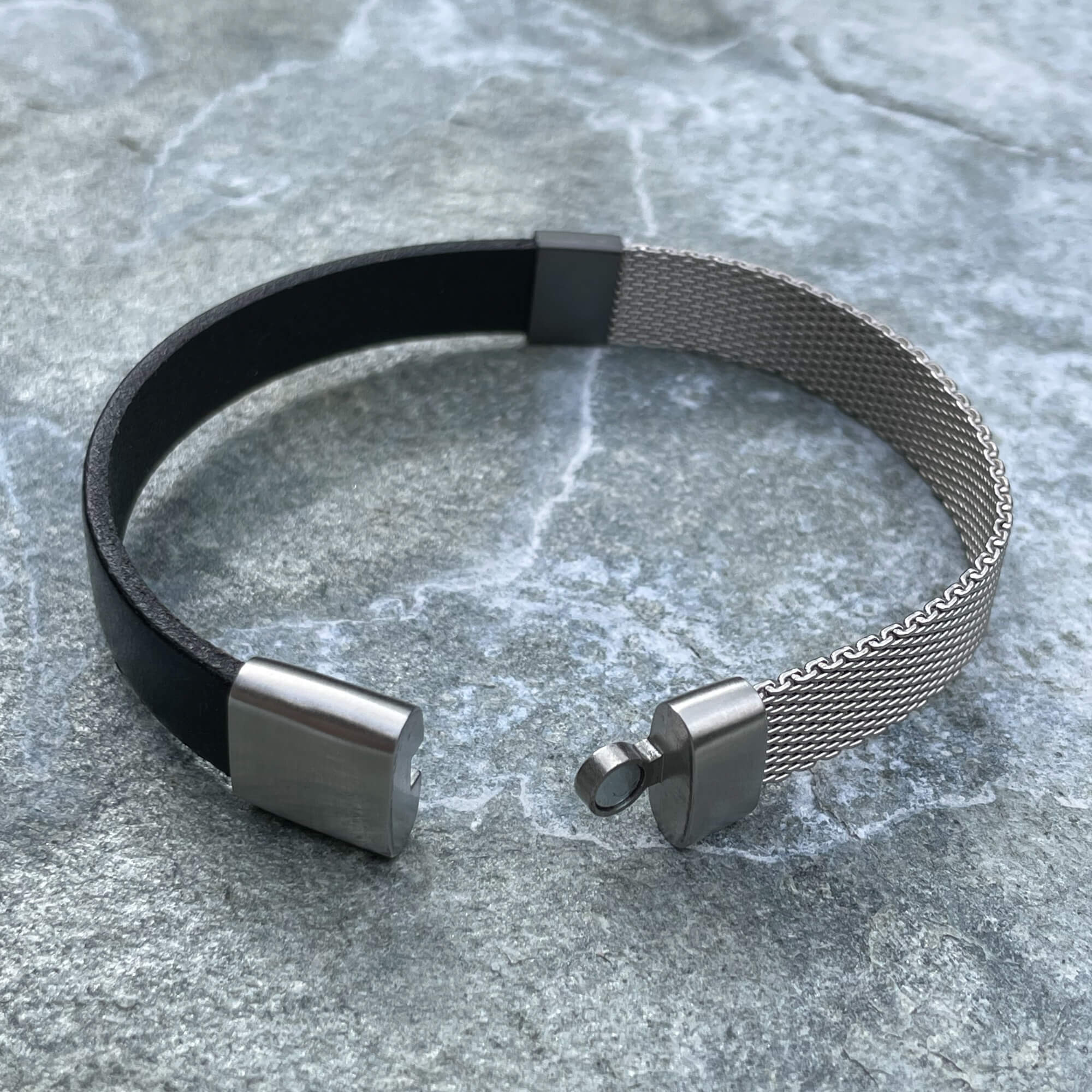 Black leather bracelet with silver braided stainless steel wire